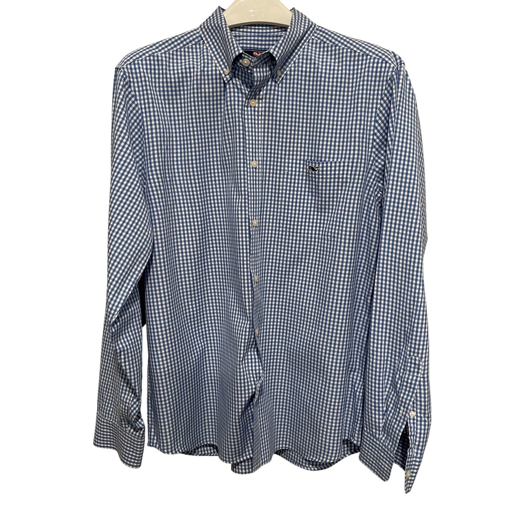 Vineyard Vines Mens Blue White Gingham Check Button Down Shirt Large Long Sleeve